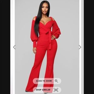 Fashion Nova Red Long Sleeve Jumpsuit 
Wide leg, Sheer Sleeves 
Size Medium